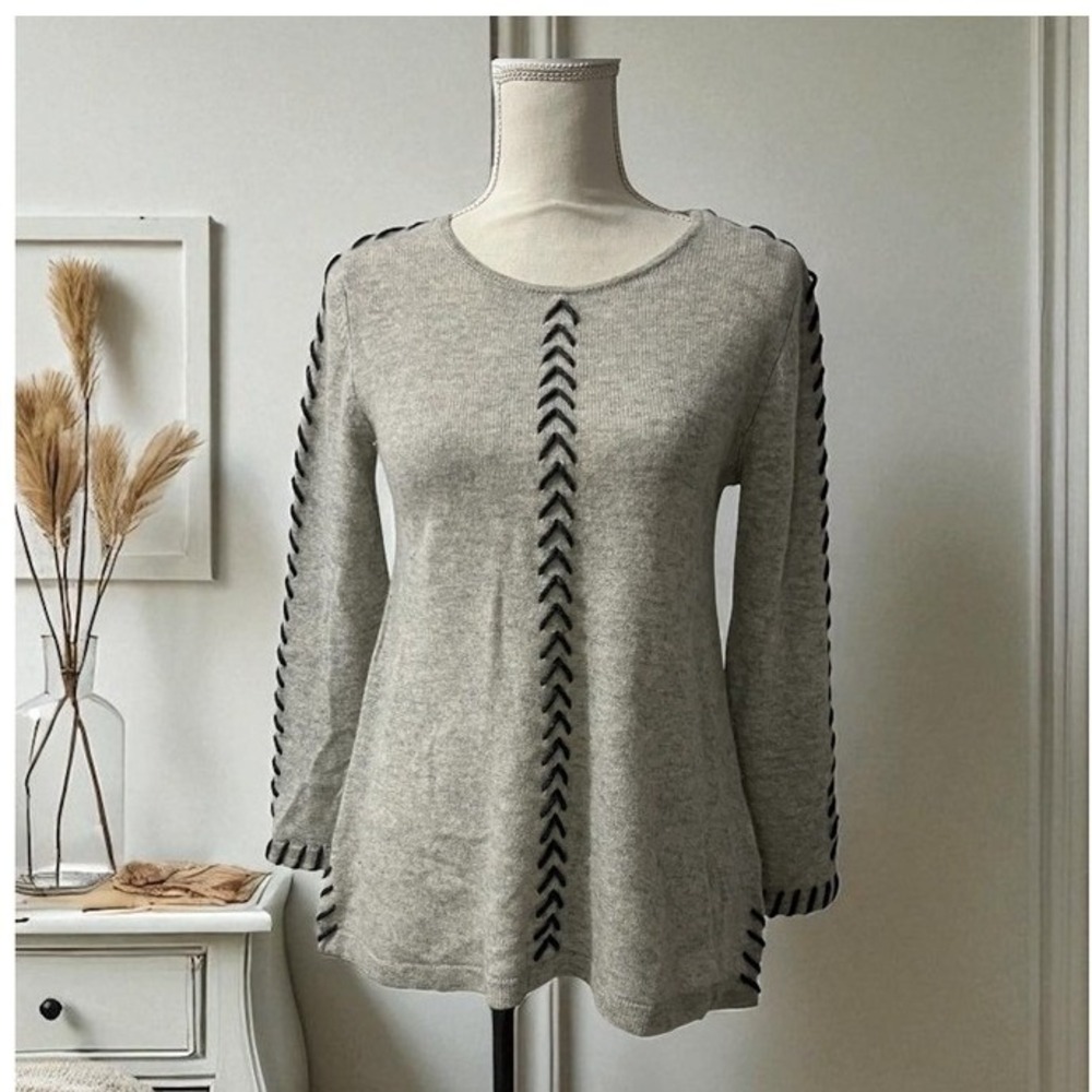 Claudia Nichole Gray Cashmere Sweater Long‎ Sleeve Chevron Stitch Sweater Tunic